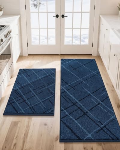 COSY HOMEER Kitchen Rugs,2 PCS Kitchen Mats Non Slip Washable,Blue - color: Blue, size: 24"x36" + 24"x60"