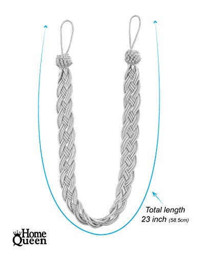Home Queen Handwoven Rope Curtain Tiebacks for Drapes, 4 Pack Rope Holdbacks with Hooks, 23 Inch Long Polyester and Cotton Braided Tie Backs for Thick and Sheer Curtains,Silver - color: Silver, size: 4 Pack