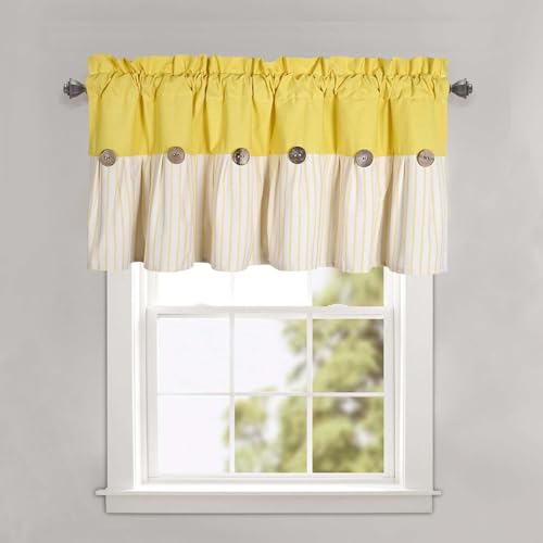 DOSLY Ides Farmhouse Rustic Cotton Valance Curtain, Yellow Striped Pleated Design with Coconut Buttons, Multi-Room Window Treatment for Kitchen Living Room Bedroom, 52" W x 18" L - color: Yellow & Yellow Stripe, size: 52"W x 18"L (Pack of 1)
