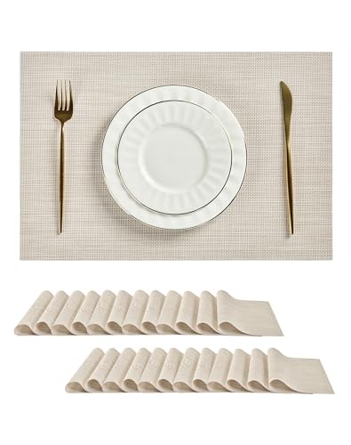 Beige White Placemats Set of 24 - Heat Resistant Non-Slip Place mats for Dining Table, Washable Durable PVC Vinyl Woven Table Mats(Beige White, 24) - color: C1- Beige White, size: Set of 24