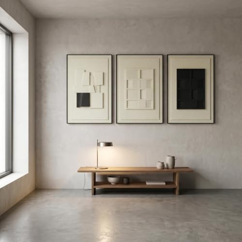 AMAATE 3Pcs 3D Abstract Geometric Sandstone Relief Wall Art Black Framed - color: Black and White Geometry, size: 24" x 36" inch