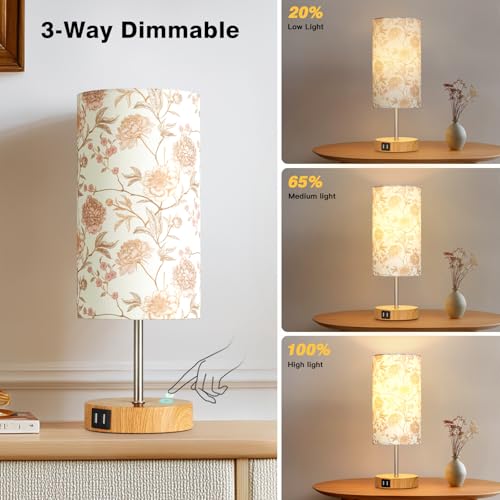 CINSARY Bedside Touch Lamp with Flower Fabric Shade, 3 Way Dimmable Wood Bedroom Lamp for Nightstand with 2 USB Charging Ports, Small Table Lamp for Living Room Reading Desk (LED Bulb Included) - color: Flower2-15" H