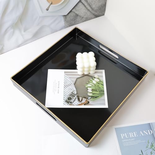 Spsyrine Black Decorative Tray for Living Room, Square Modern Plastic Coffee Serving Table Tray for Ottoman Bathroom Kitchen, 13"*13" - color: Bs02re