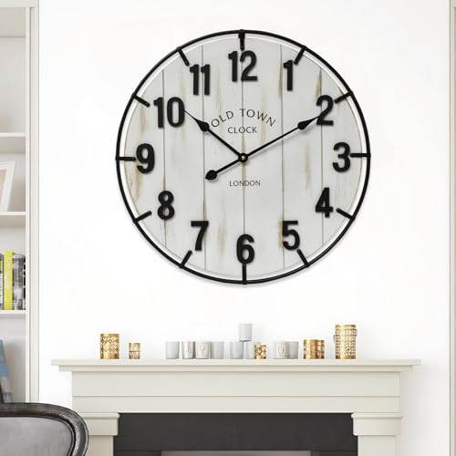 Large Old Town Farmhouse Wall Clock – 24 Inches Rustic Antique Wood with Metal Circle and Large Numerals, Silent Battery Operated Clock for Office, Kitchen, Bedroom, Living Room (Washed White) - color: White, size: 24 Inch