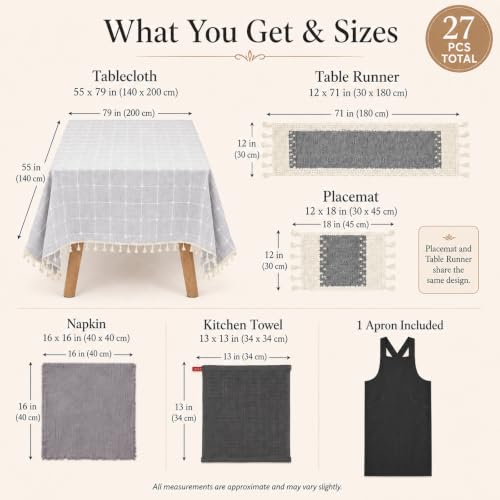 27 Pcs Grey Boho Table Linen Set for 6 with Tablecloth & Placemats - color: Grey