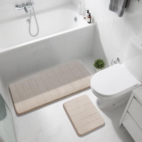 Yimobra Large Memory Foam Bathroom Mat Set, 44 x 24 & 24 x 17 in, Beige - color: Beige, size: 44x24+24x17 Inch