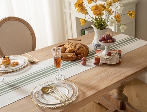 Caflife Boho Table Runner for Modern Farmhouse Decor, Dining Table décor 13 x 72 Inch Long with Handcrafted Tassels, Green and Beige Stripe Table Runner for Home Boho décor - color: Green Beige, size: 13x72Inch