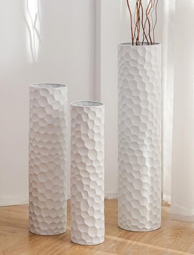 Sziqiqi White Tall Floor Vase Hammered Standing for Living Room, Set of 3 - color: White