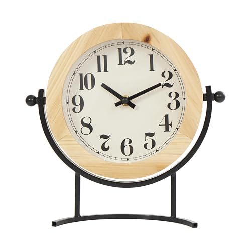Deco 79 Wood Clock with Curved Black Metal Stand and Ball Details, 10" x 3" x 10", Light Brown