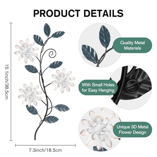 KHJCXS 2 Pieces Metal Flower Leaf Wall Art, 15.1"×7.3" Modern Rustic Iron Artwork Hanging Decor for Home Bedroom Living Room Dining Room Kitchen Hallway Office (White) - color: White