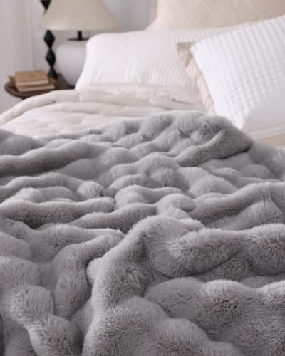 Ultra Soft Cozy Faux Fur Throw Blanket, Fuzzy Plush Thick Bubble Blanket, Oversize Luxury Fluffy Blanket for Couch, Bed, and Living Room, 60x80 Inches, Light Grey - color: Bubble Light Grey, size: Twin(60" X 80")