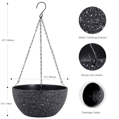 Meowell 12 inch Large Hanging Planters for Indoor Outdoor Plants, 2 Pack Hanging Flower Pots with Drainage Holes and Chain for Garden Porch, Plastic Hanging Baskets for House Plants, Speckled Black - color: Speckled Black, size: 12inch 2pcs