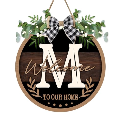 Monogram Letter M Front Door Sign, Welcome to Our Home Family Last - color: M
