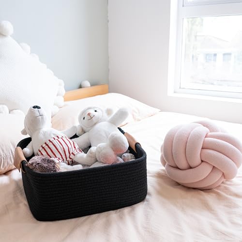 CHICVITA Large Woven Rope Gift Basket with Leather Handles, 20L, Black - color: Black, size: 14.5 x 13 x 6 Inch