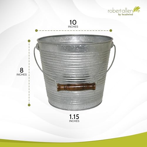Headwind Vintage Collection Ribbed Planters – Metal Flower Pot & Decorative Bucket Planter, Rustic Metal Outdoor Planter with Drainage Hole for Indoor Plants & Outdoor Garden Décor by Robert Allen - color: Galvanized, size: 10"