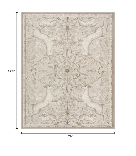Lahome 8x10 Washable Area Rug for Living Room, Woodland Deer Boho Animal Rug, Vintage Botanical Beige Non-Slip Low Pile Large Carpet for Bedroom Dining Room Nursery Farmhouse Decor - color: Beige, size: 8' x 10' (Rectangular)