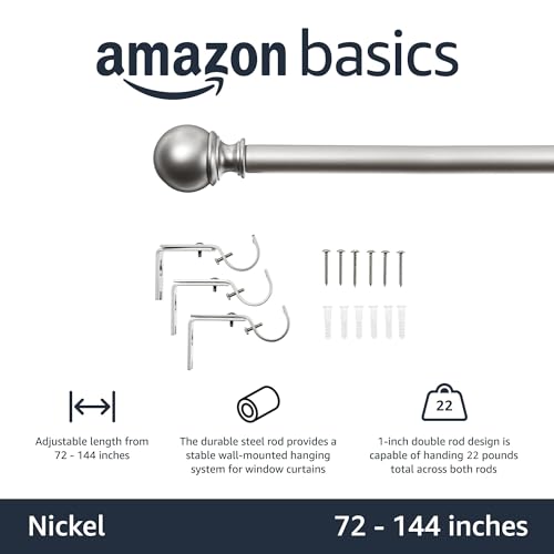 Amazon Basics Adjustable Heavy Duty Curtain Rod for Windows, Round Finials, 1-Inch Rod, 72" to 144", Nickel, 1-Pack - color: Nickel, size: 72" to 144"