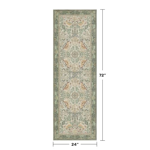 Hazo Haus Boho Long Bathroom Runner Rug 2x6 - Floral & Bird Runner Rug for Kitchen Floor, Hallway, Laundry Room, Bedroom, Entrance, Sage Green Vintage Decor, Washable Non Slip Low Pile - Light Green - color: Sage Green, size: 2' x 6' (Runner)
