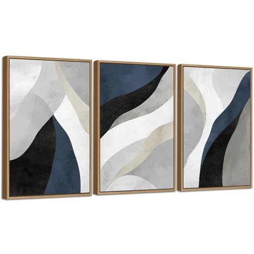 Large Abstract Framed Wall Art, Modern Blue Grey Canvas Pictures, 32"X48"X3 - color: Navy, size: 32" X 48" X 3pieces Framed