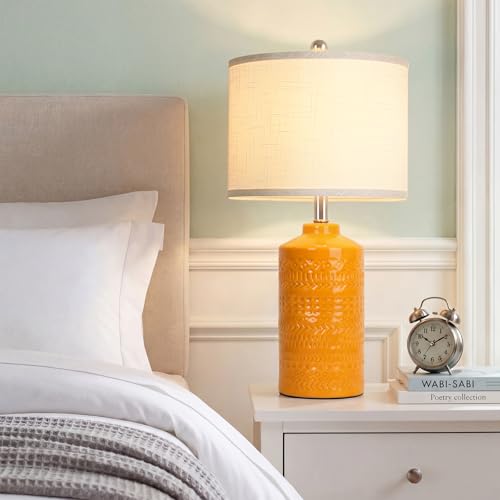 JUNNAI 25" Modern Orange Ceramic Table Lamp for Living Room Nightstand 3-Way Dimmable Farmhouse Lamp for Bedroom Bedside Entryway Tabletop Office with White Slub Fabric Lampshade (Bulb Included) - color: Orange