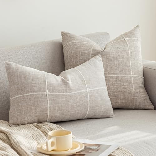 vctops Rustic Lattice Cotton Linen Decorative Throw Pillow Cover Embroidery Square Cushion Cover Pillowcase for Sofa Bedroom Couch (Plaid Coffee, 20"x20") - color: Plaid Coffee, size: 20" x 20" (Pack of 1)