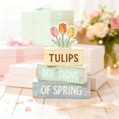 Spring Decoration Wooden Tiered Tray Decor – Tulips Spring Stacked Block Sign with Floral Accent – Farmhouse Tabletop Spring Decor for Shelf Mantel Seasonal Home Display - style: Tulips