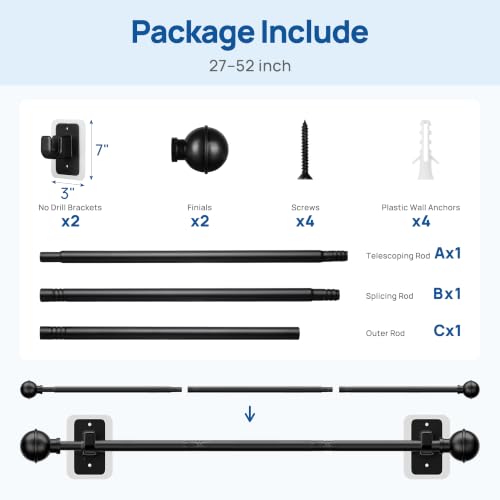 ENJOYBASICS Curtain Rods No Drilling for Renter, 28-47" Adjustable, Black - color: Black, size: 27-52"