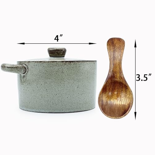 12 oz Ceramic Salt Cellar with Lid & Wooden Spoon,Countertop Salt Container,Sugar Bowl,Spices Jar| Artisan Kitchen Decor(Coarse Pottery) - color: Coarse Pottery B