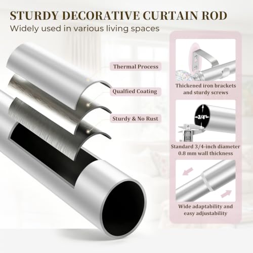 TVWOO Silver Rainbow Curtain Rod Adjustable Heavy Duty Crystal Ball,66-120" - color: Silver, size: 66-120" ( 1pack )
