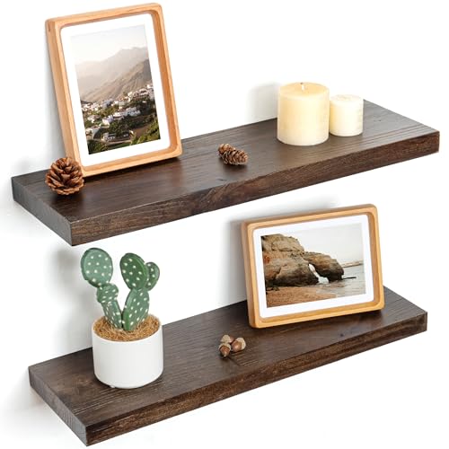 Floating Shelves for Wall, 8" Deep Elm Wood Shelves, 24in Set of 2, Walnut - color: Walnut, size: Flat Edge, 24inch, 2Packs