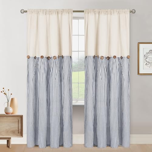 ASPMIZ Cotton Linen Farmhouse Curtains Boho Rustic Button Drapes, Linen Window Curtain Panels, Blue Stripe Country Curtain for Living Room, Modern Back Tab Blackout Curtains 52 x 84 Inch, 2 Panels - color: Beige&blue, size: 52"W x 84"L (Pack of 2)