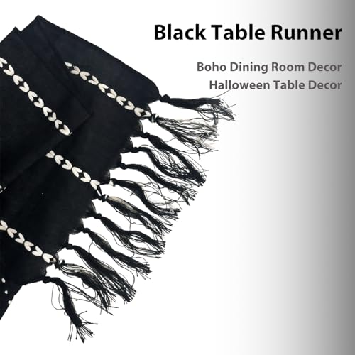 Niviy Black Table Runner 72 Inches Long, Black Christmas Decor Embroidered Striped Braided Boho Table Runner for Holiday Home Party Indoor Outdoor 12 x 72 Inch - color: Black, size: 12 x 72 Inches