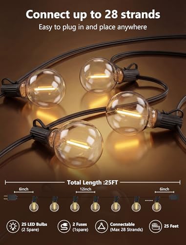 25Ft G40 LED Outdoor String Lights Waterproof with 27 Shatterproof Bulbs - color: Black, size: 25Ft