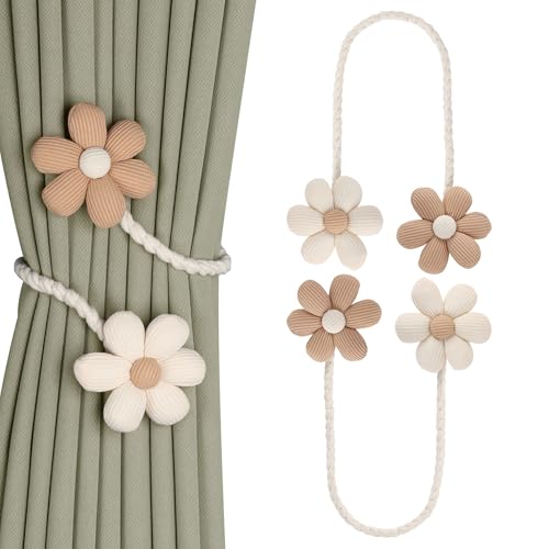 Meplait 2 Pack Flower Curtain Tiebacks, Boho Curtain Holdbacks, Beige&Khaki - color: B Flower-beige & Khaki