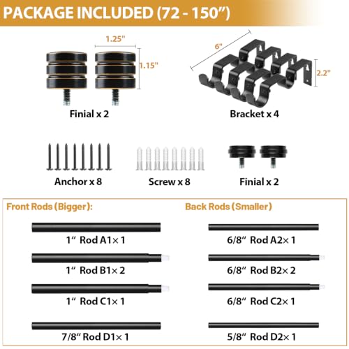 TONIAL 1 Inch Double Curtain Rods for Windows, 72 to 144 Inch, Black - color: Black, size: 72-144"