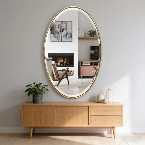 POZINO 48"x24" Brushed Gold Oval Beveled Bathroom Mirror for Over Sink - color: Gold Round, size: 48"L x 28"W