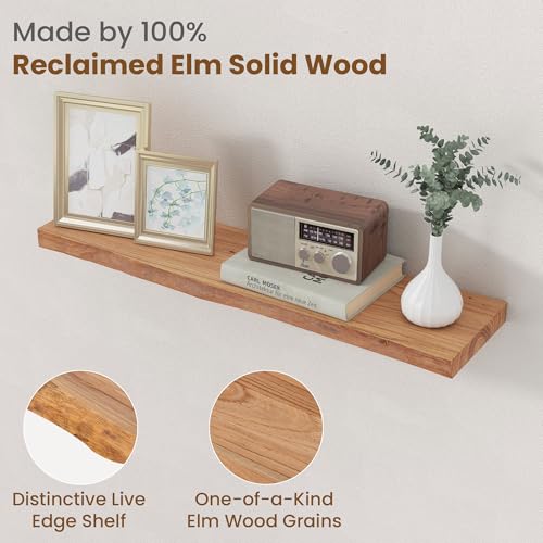 Floating Shelves for Wall, Solid Elm Wood Shelves, 30in Set of 2, Natural - color: Natural, size: Live Edge, 30inch, 2Packs