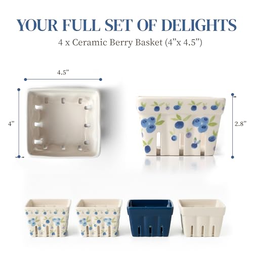 BIEN BEAU Ceramic Berry Baskets Set of 4, Blueberry Colander Fruit Bowls - color: Blue