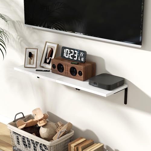 Fun Memories Deep Floating Shelves, 16W x 8D Floating Shelves Set of 2, Wall Mounted Shelf with Metal Brackets, Rustic Wood Wall Shelf for Bathroom, Kitchen and Living Room, White - color: White | L Bracket, size: 16"L x 8"D