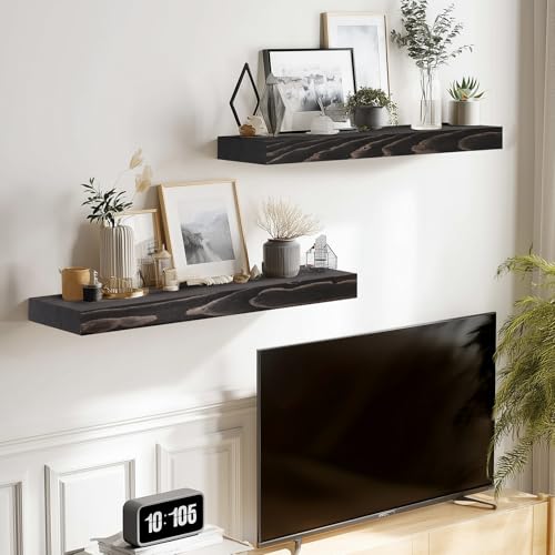 Solid Wood Floating Shelves, 17 Inch Wall Shelves, Set of 2, Black - color: Black, size: 17x8x1.6