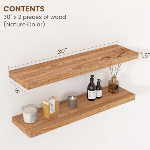 Floating Shelves for Wall Decor, 8" Deep Rustic Solid Elm Wood Floating Shelves Wall Mounted, Wall Shelves with Invisible Bracket for Living Room Bathroom Bedroom Kitchen, 30 Inch Set of 2, Natural - color: Natural, size: Flat Edge, 30inch, 2Packs