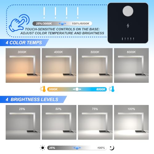 Aluminum LED Desk Lamp with Charging Station, 15W Table Lamp Work - color: Silver