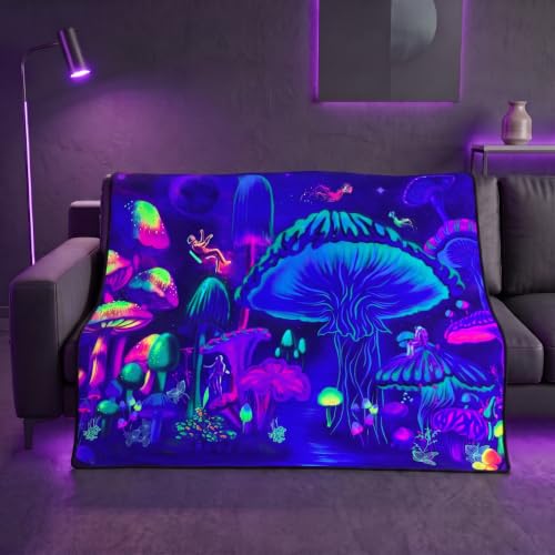 Blacklight Galaxy Mushroom Throw Blankets Glow in the Dark Black Light Fantasy Mushroom Throw UV Reactive Blanket Throw for Bedroom Dorm Decor 59”x51” - color: Astronaut Mushroom