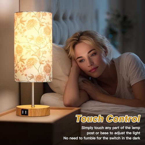 CINSARY Bedside Touch Lamp with Flower Fabric Shade, 3 Way Dimmable Wood Bedroom Lamp for Nightstand with 2 USB Charging Ports, Small Table Lamp for Living Room Reading Desk (LED Bulb Included) - color: Flower2-15" H