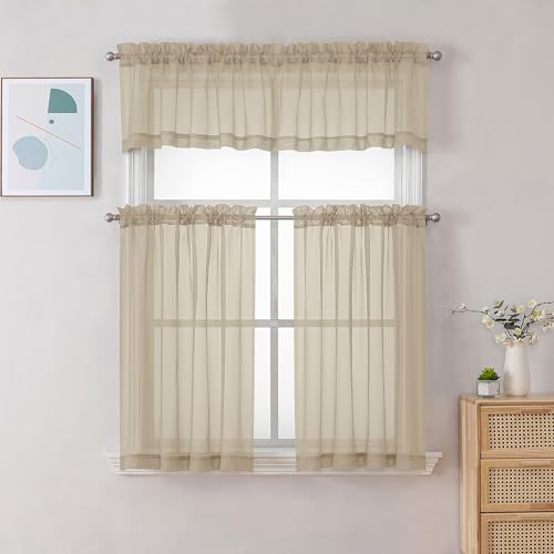 Chyhomenyc Taupe Sheer Curtains 24 Inch Length, Short Window Curtains for Bathroom Living Room Basement, Light Filtering Small Cafe Curtains, 42W x 24L Inches, 2 Panels - color: Taupe, size: 42"W x 24"L (Pack of 2)