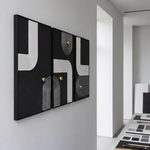 AMAATE 3Pcs 3D Sandstone Relief Art, Black Frame Gold Sphere Abstract Decor - color: Black White Gold, size: 16" x 24" inch
