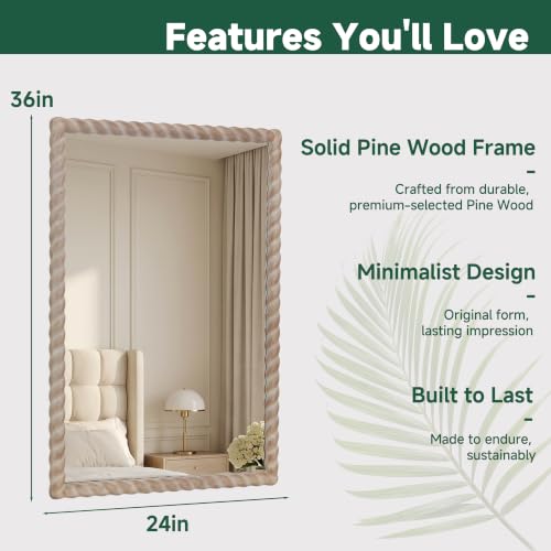 36"x24" Rectangular Solid Wood Farmhouse Decorative Wall Mirror - color: Natural Color, size: 36"L x 24"W