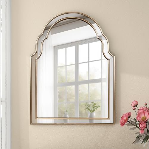 SHYFOY Gold Mirror for Wall, 23.6 X 31.5 Arched Decorative Wall Mirrors Hogan for Living Room Decor Large Vintage Mantel Mirror Big Scalloped Mirror