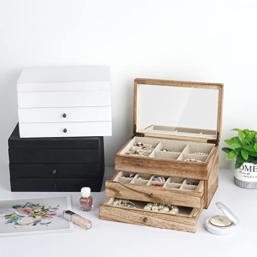 Meangood Jewelry Box Organizer for Women, 3 Layer Large Jewelry Storage Case, Rustic Wooden Jewelry Box with Mirror & Ring Tray for Necklace Earring Bracelets Rings, Vintage Style (Carbonized Black) - color: Torched Wood, size: 2-Drawer