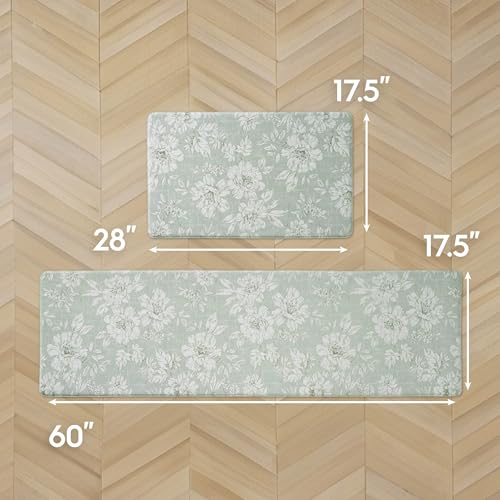 Laura Ashley - Anti-Fatigue Kitchen Mat, Iris Floral Design, Stain, Water & Fade Resistant, Cooking & Standing Relief, Non-Slip Backing, 2 Piece Set: 17.5" x 60" / 17.5" x 28" Sage Green Iris - color: Sage Green, size: 60"L x 17.5"W / 28"L x 17.5"W